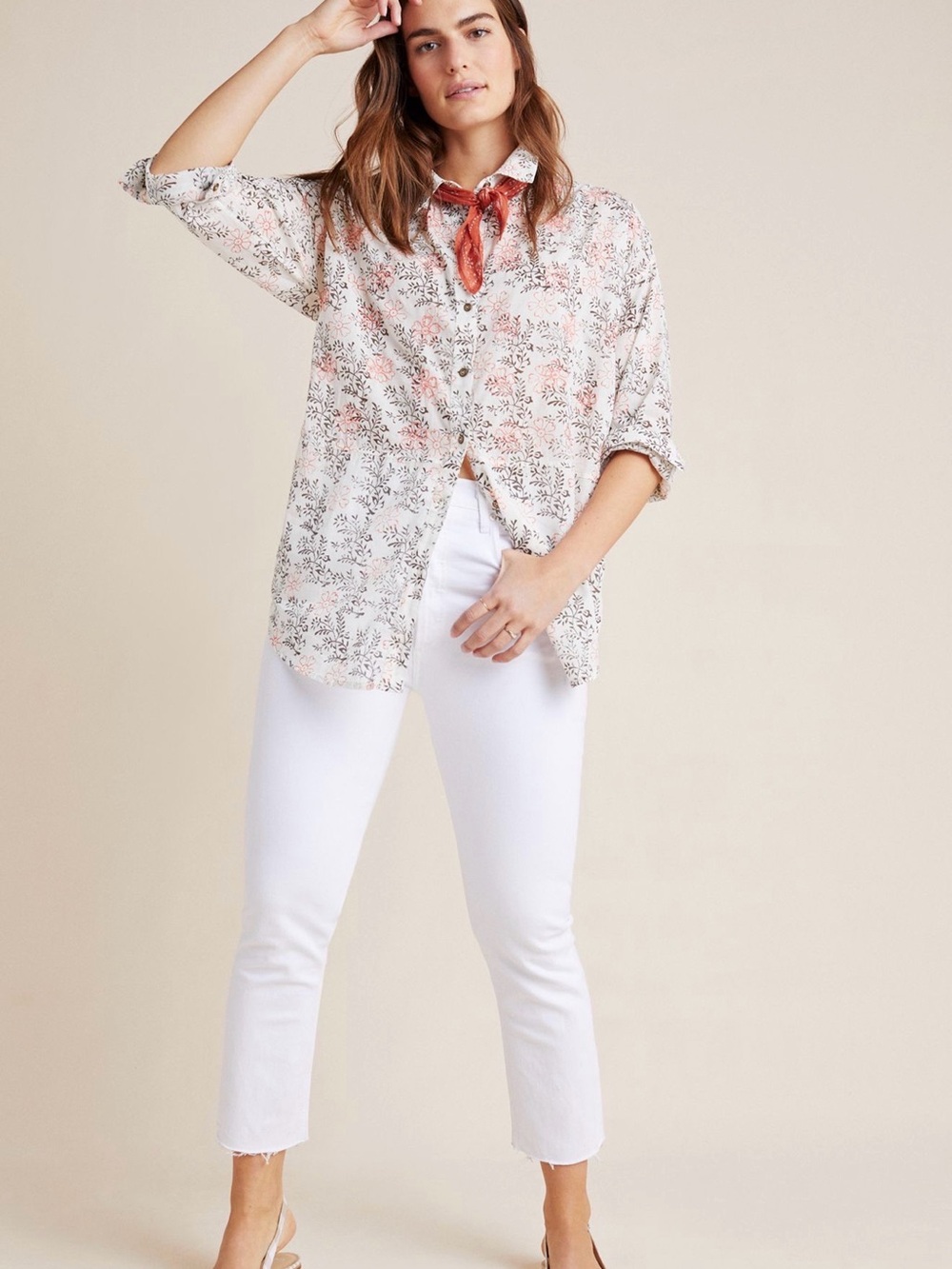 Floral Button-Down Shirt in Soft Coral & White
